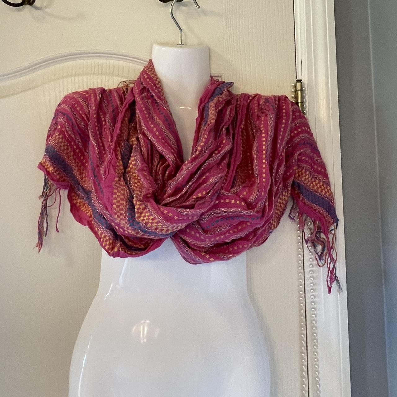 Pink, yellow, blue, purple scarf with silver accent... - Depop