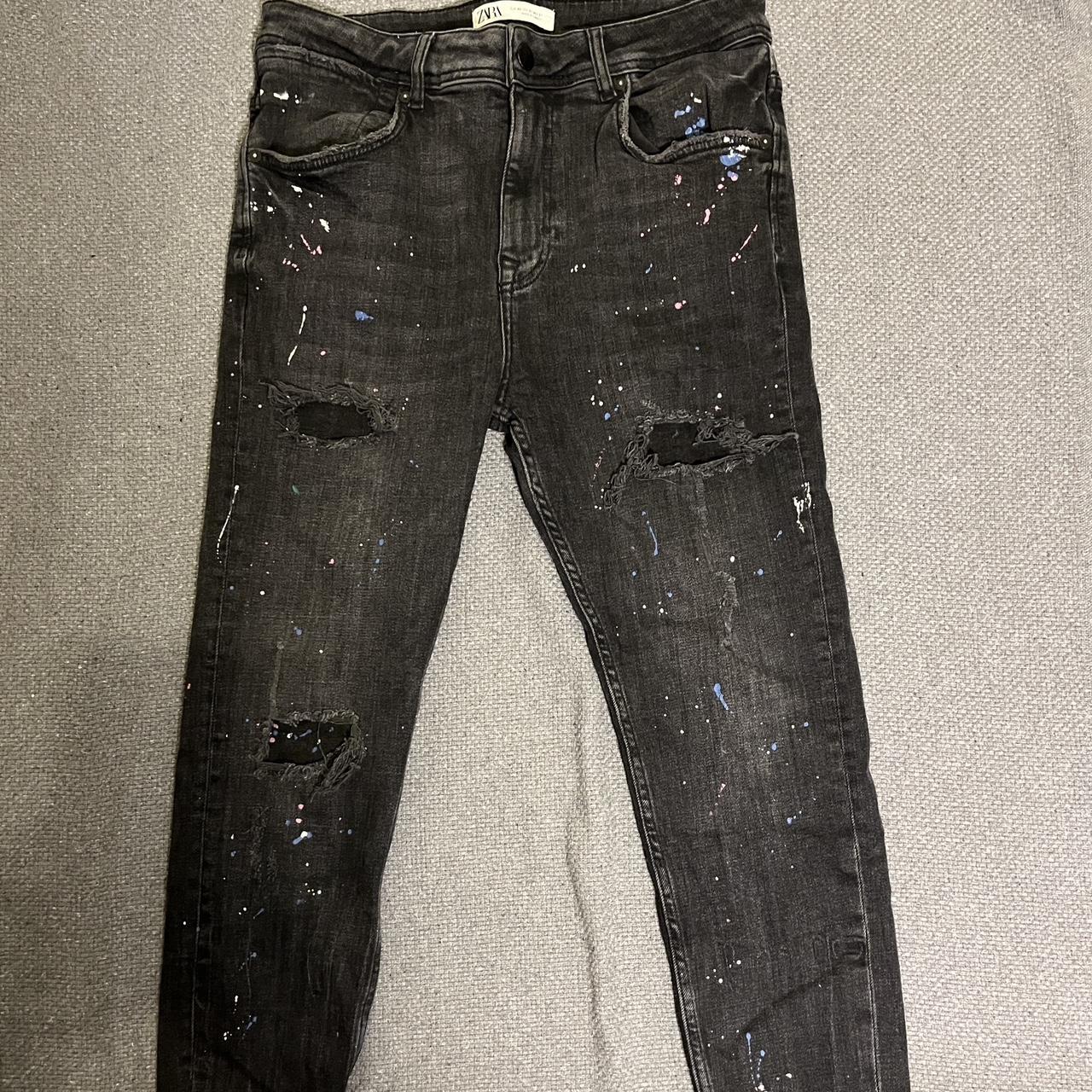 Zara PAINT SPLATTER RIPPED JEANS, BLACK, Size 31,