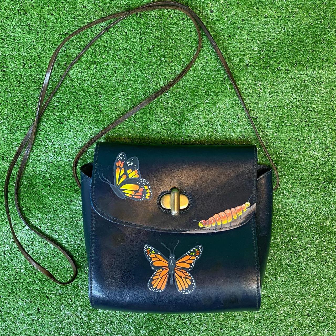 Hand painted butterfly theme leather crossbody purse Depop