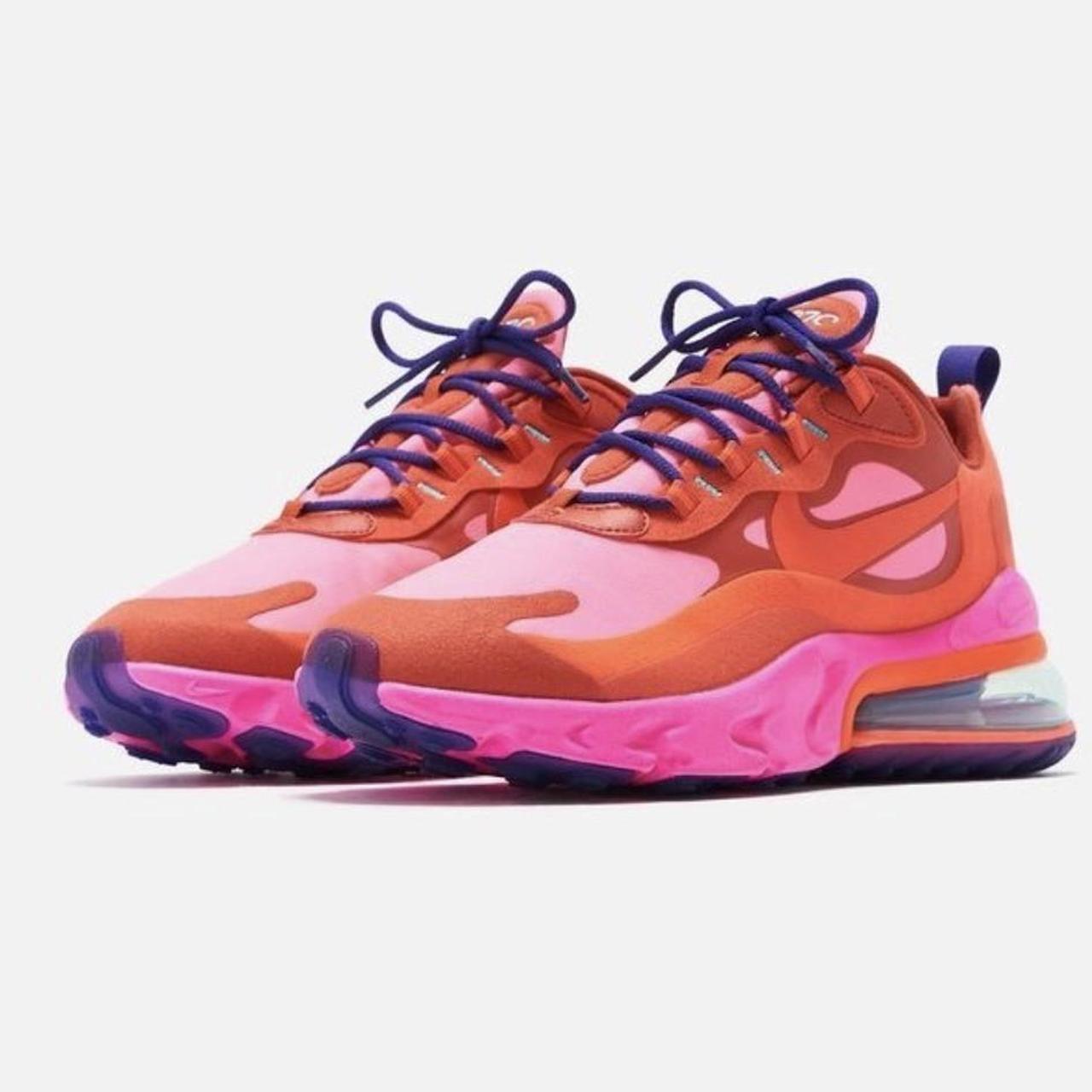 Nike Air React 270 pink, orange, and purple,