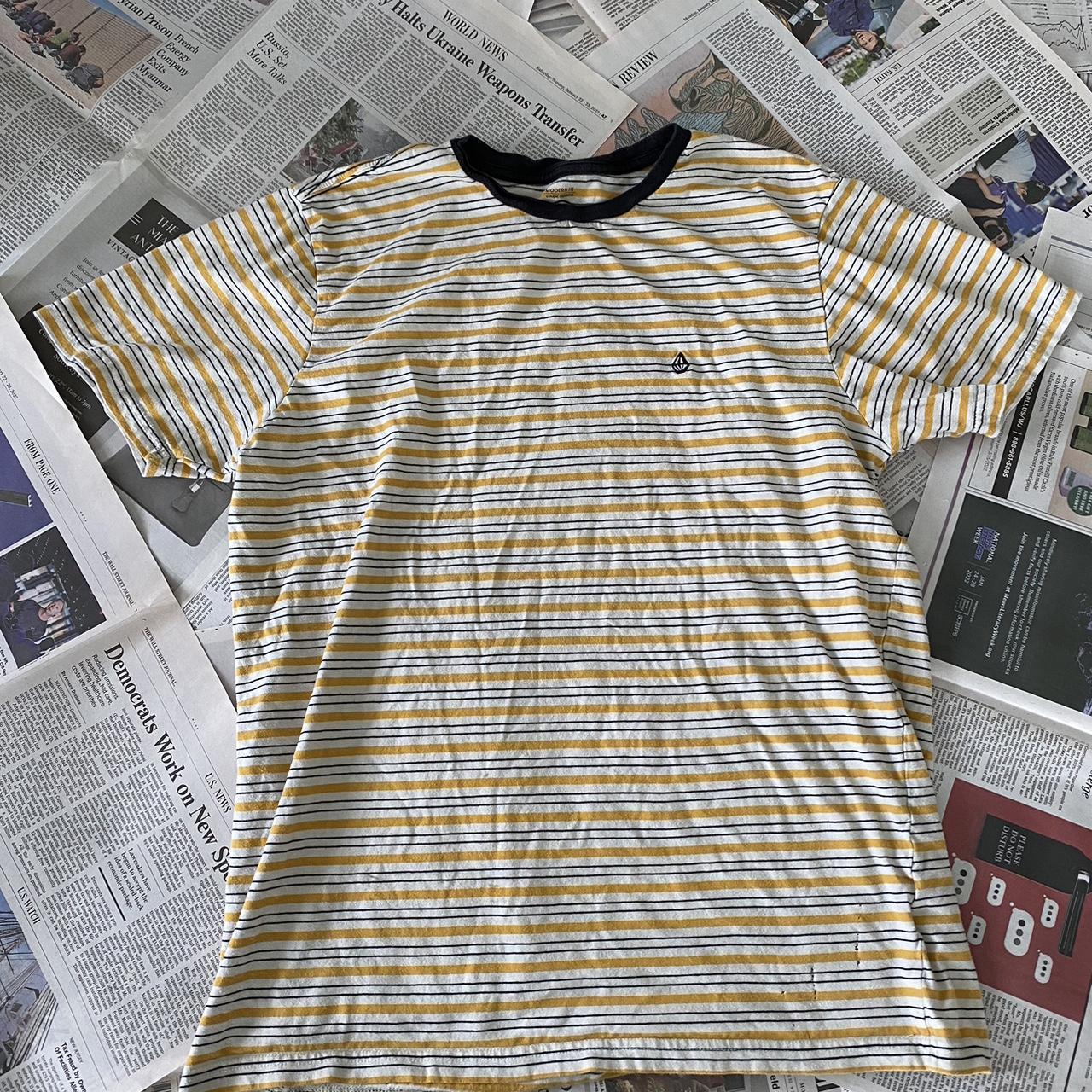 Volcom white, yellow, and black striped tshirt. Large. - Depop