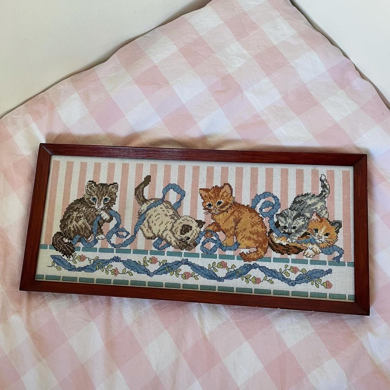 vintage kittens with ribbon framed cross stitch... - Depop