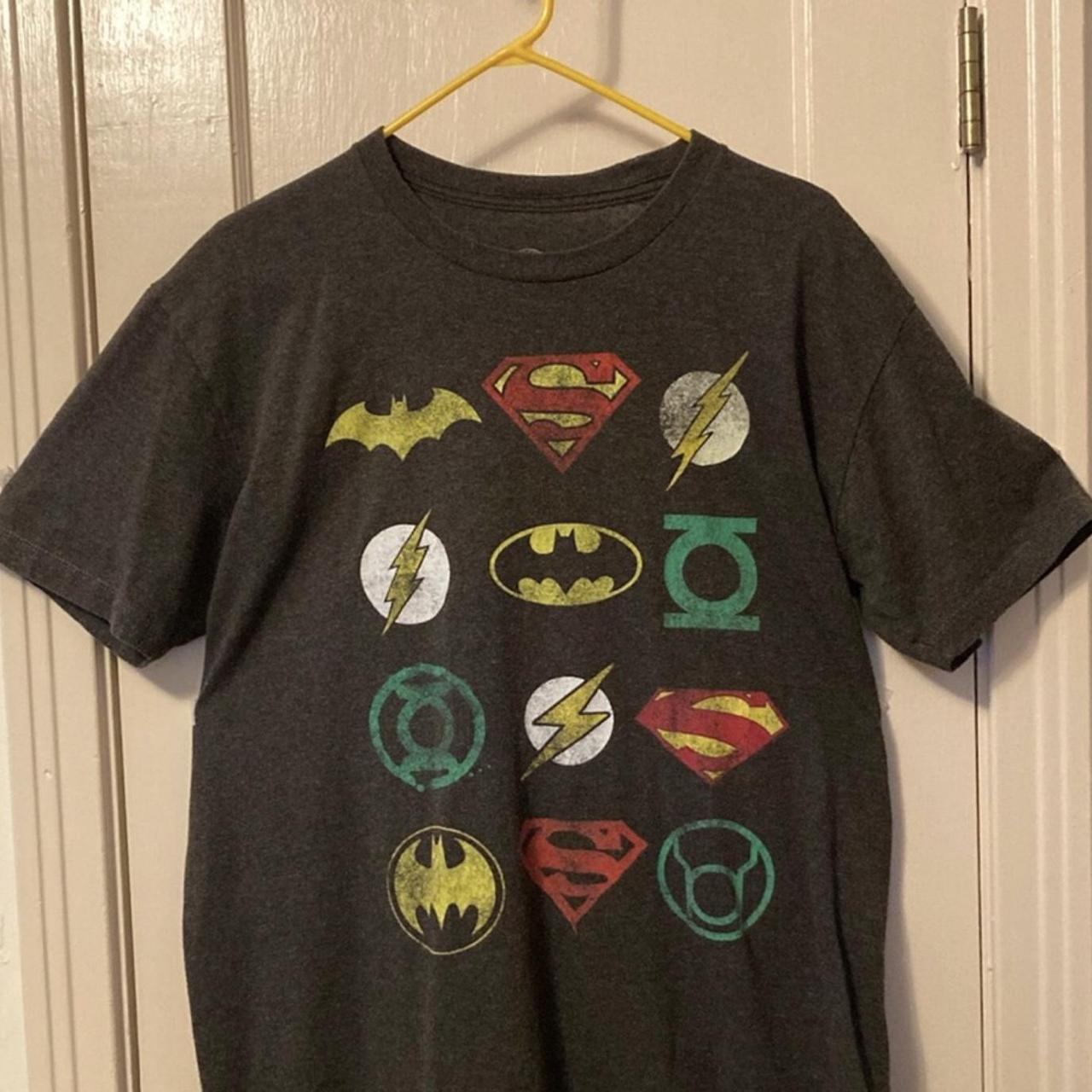 DC Comics Original Size L Gray Tee Multiple Logos of... - Depop