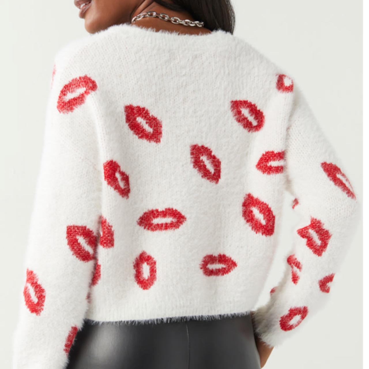 White with red lips fuzzy sweater Depop