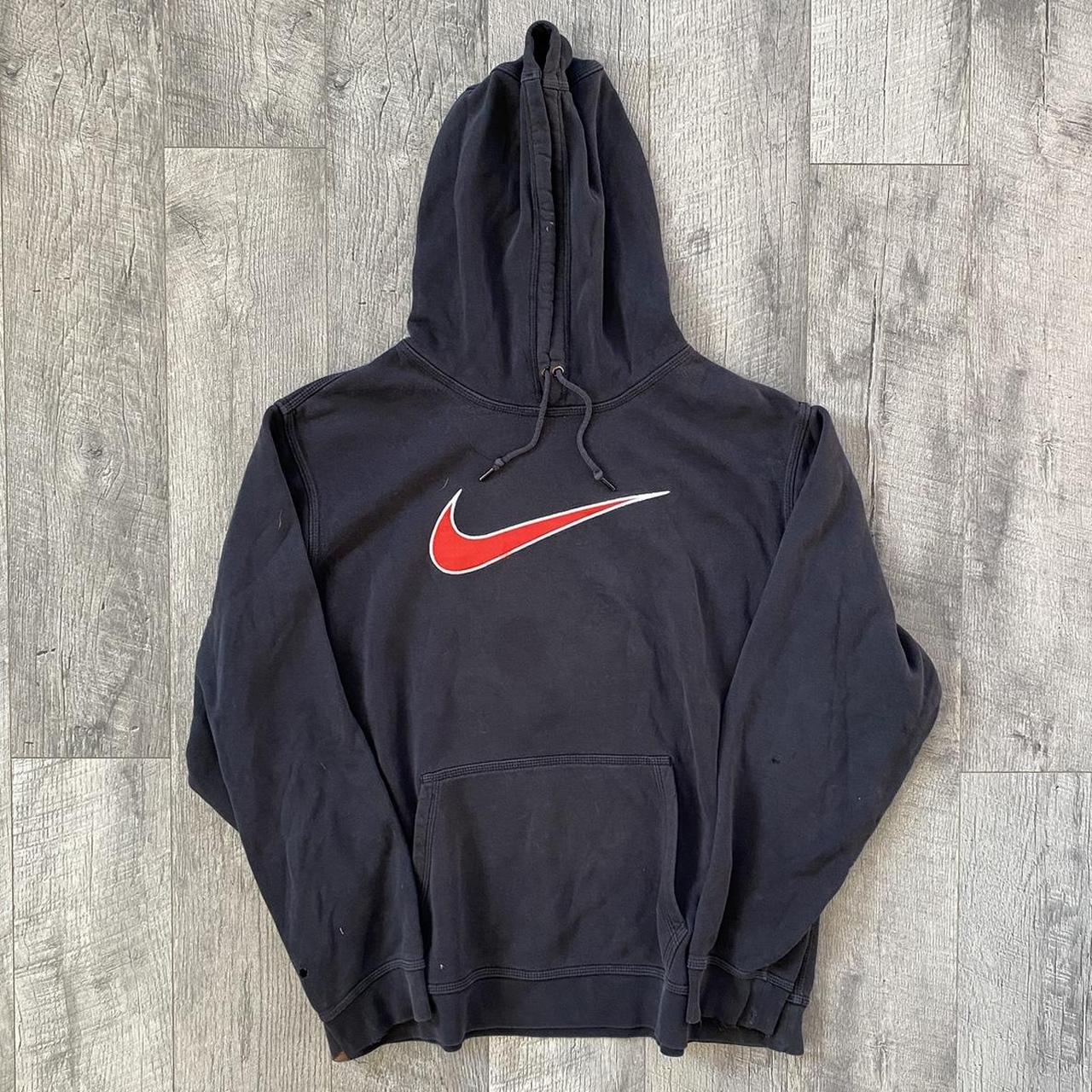 Black nike hoodie with red swoosh best sale