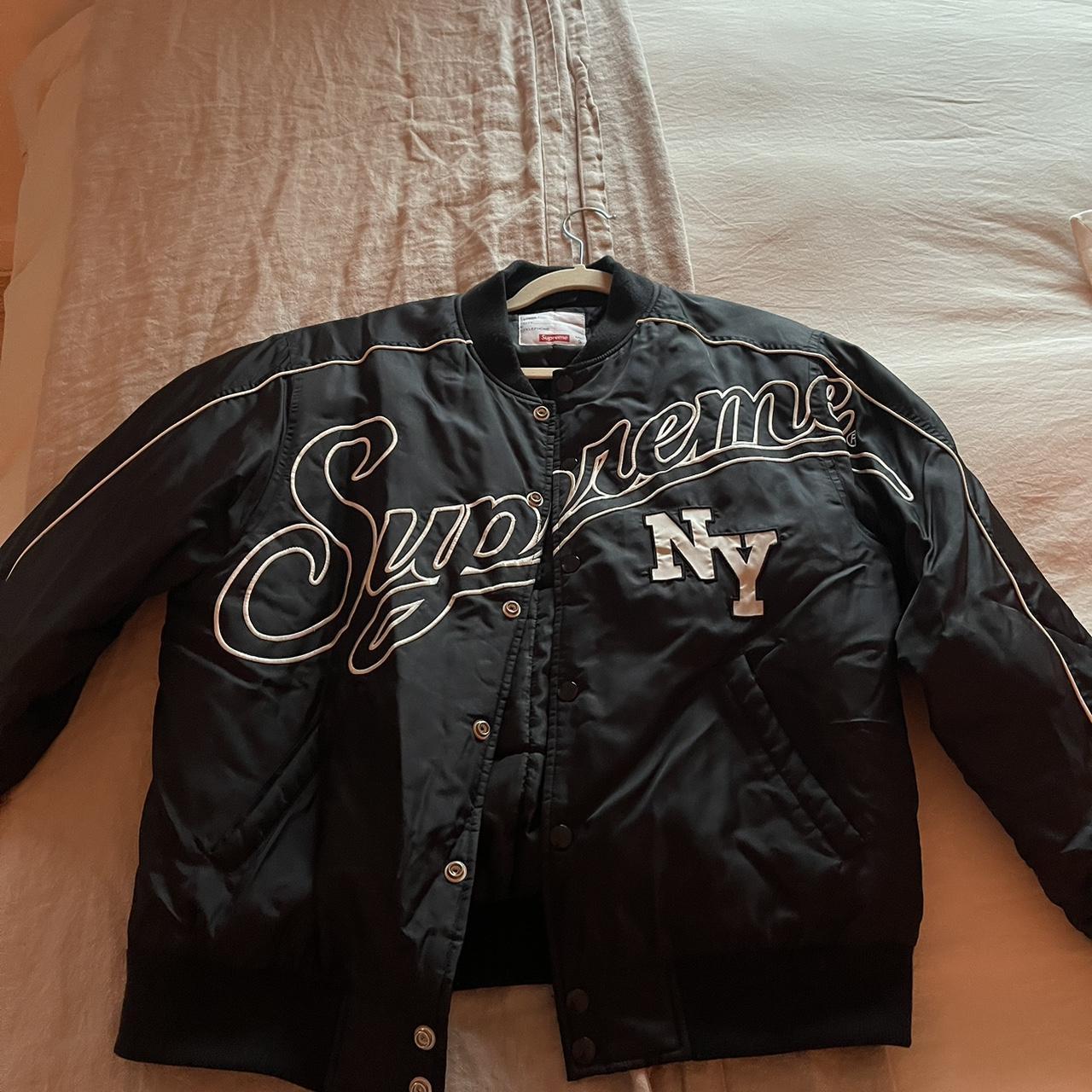 SUPREME CONTRAST SCRIPT VARSITY JACKET BLACK - Depop