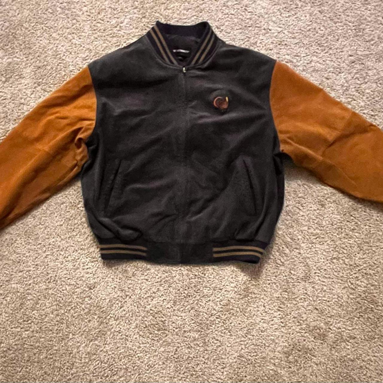 Navy blue varsity bomber jacket with camel-colored... - Depop