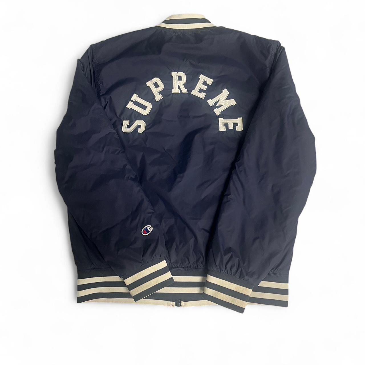 Supreme navy and yellow veritas varsity jacket Size | Depop