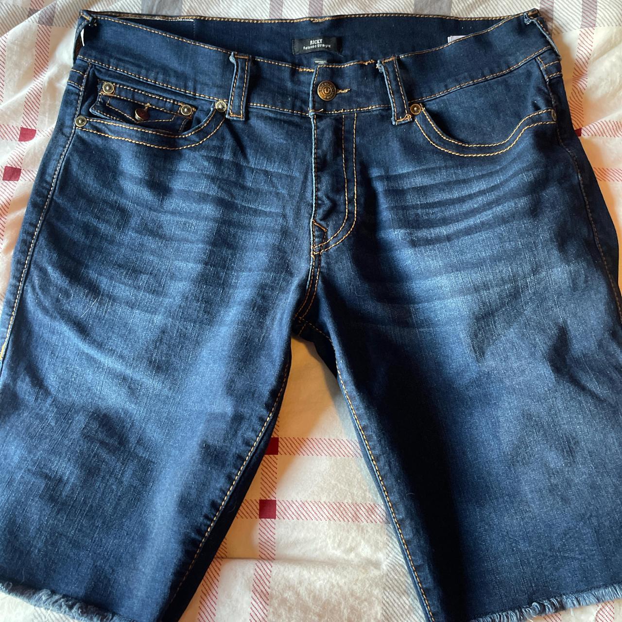 NAVY BLUE BIG T SUPPER STICH TRUE RELIGON JORTS... - Depop