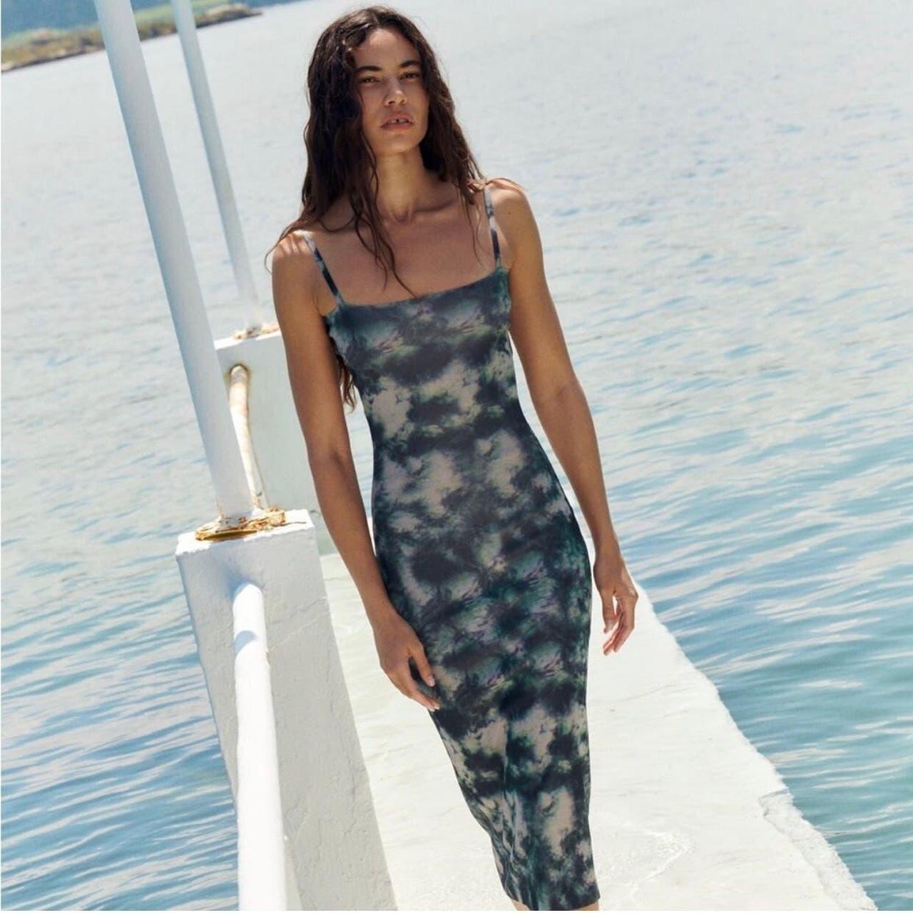 Zara Green Tie Dye Midi Bodycon Dress Depop