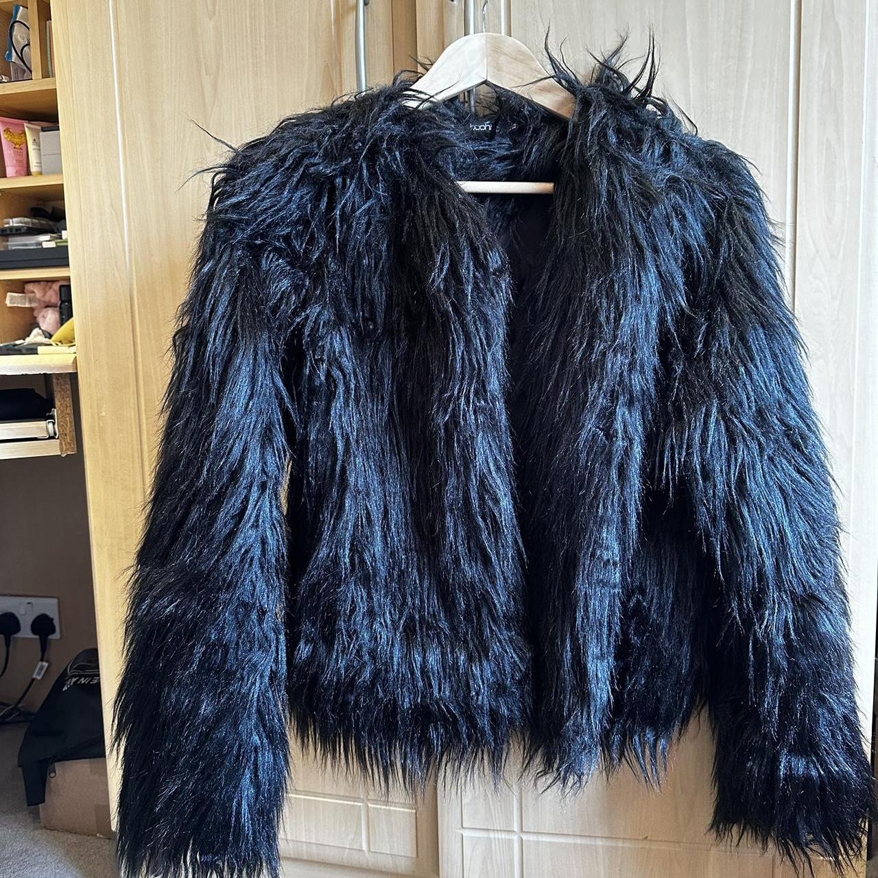Black faux fur jacket size 8. Worn once. #fauxfur... - Depop
