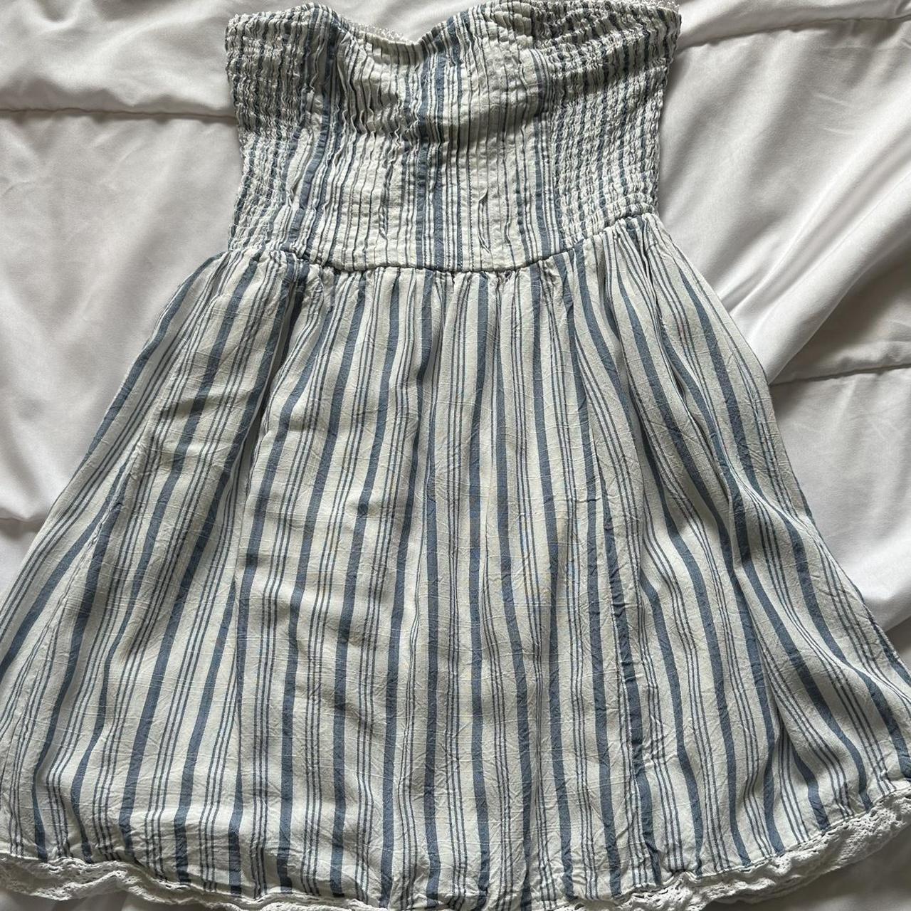 blue striped strapless dress from