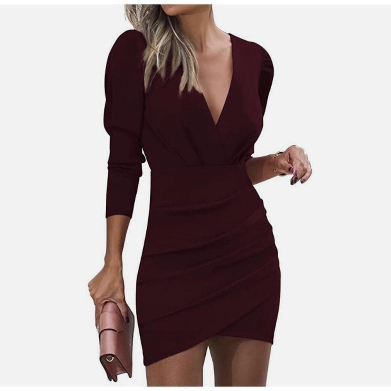 Sarin Mathews Deep V Neck Ruched Bodycon Long Sleeve... - Depop