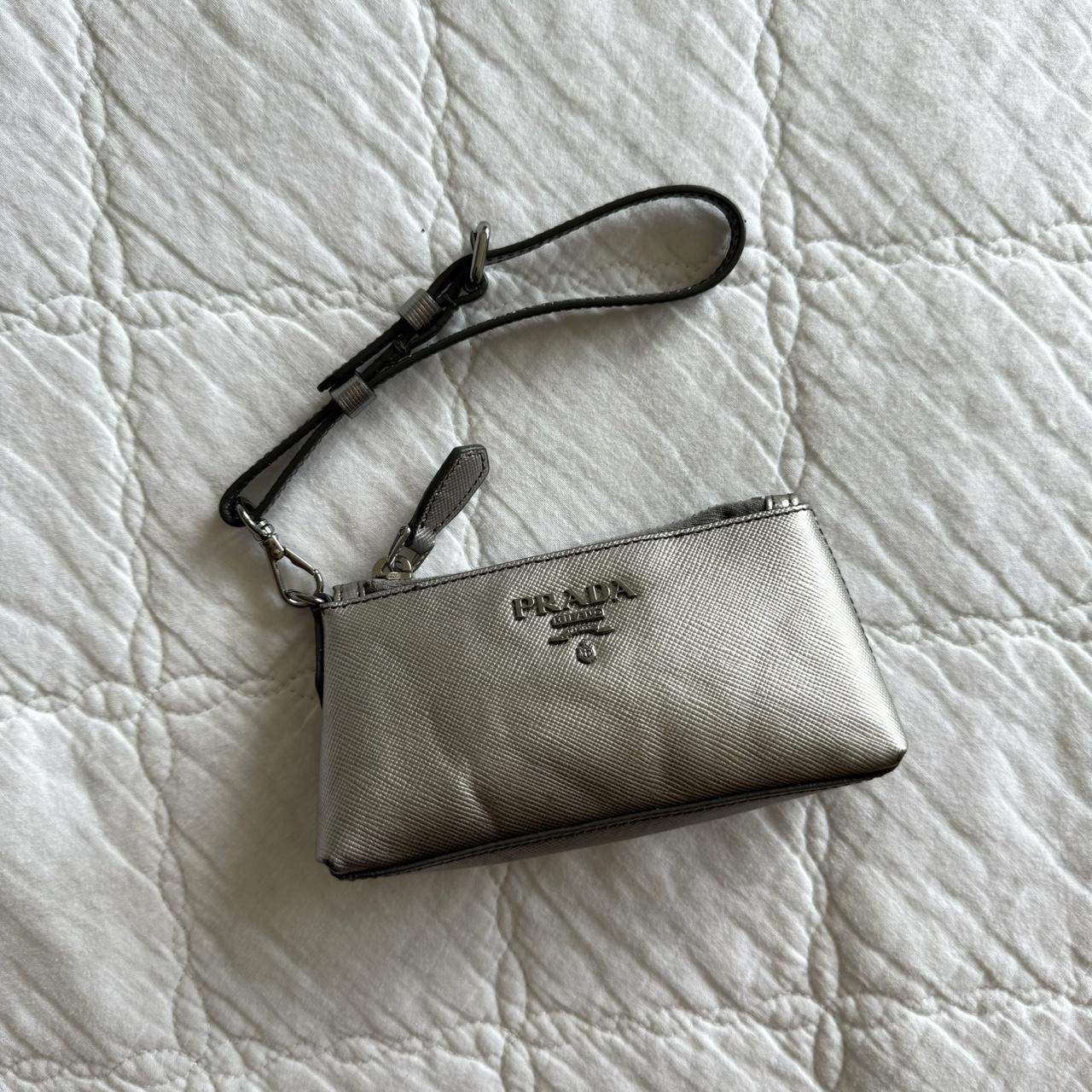 Rare Prada Saffiano silver leather wristlet wallet