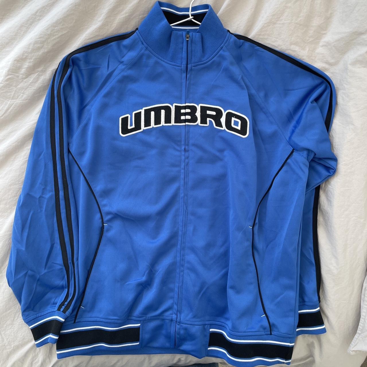 Umbro track top jumper, blue with black stripes size... Depop
