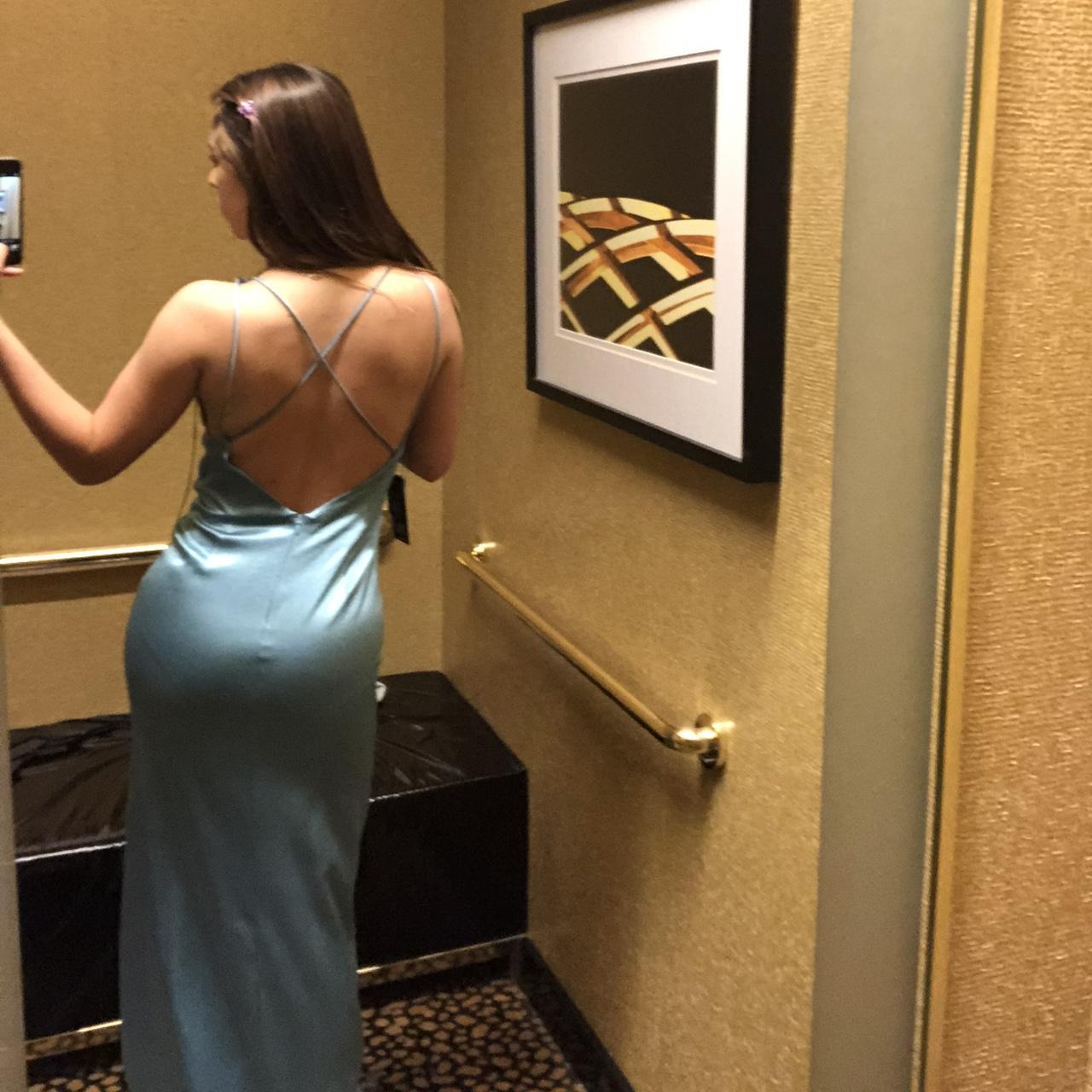 BLOOMINGDALES light blue prom dress with slit and