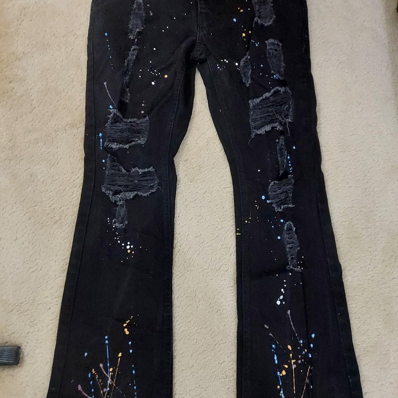 BoohooMAN Black Flared Distressed Paint Splatter... Depop