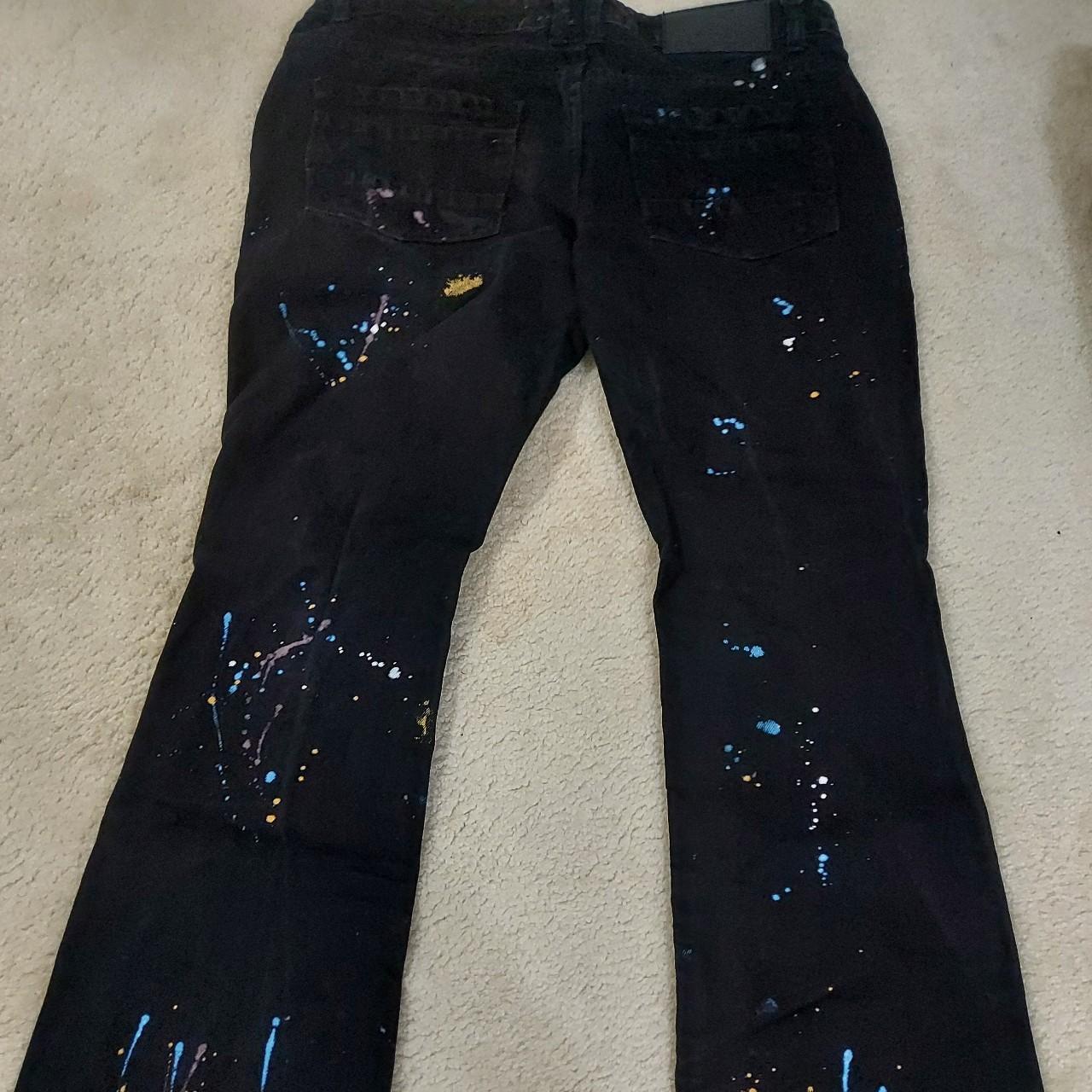BoohooMAN Black Flared Distressed Paint Splatter... Depop