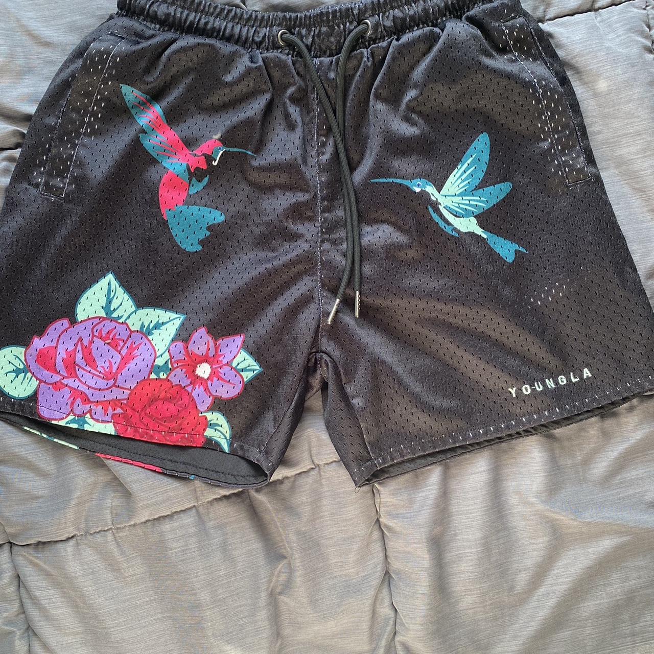 small YoungLA floral hummingbird gym shorts no... - Depop