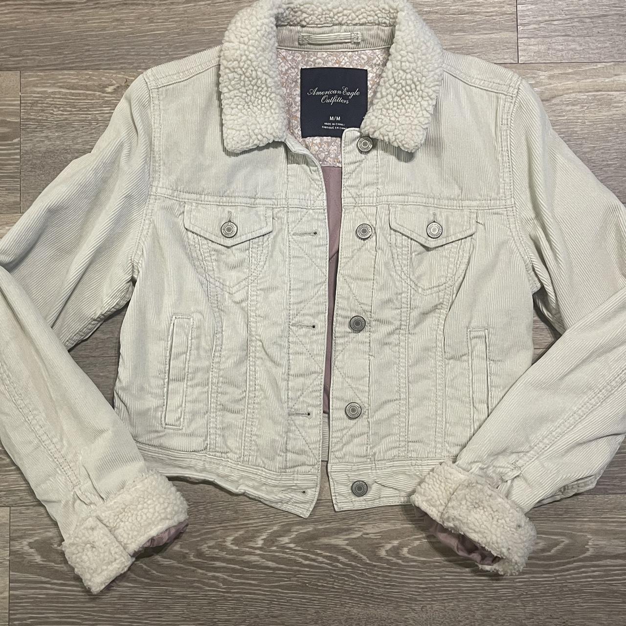 Cream corduroy jacket with faux fur Depop