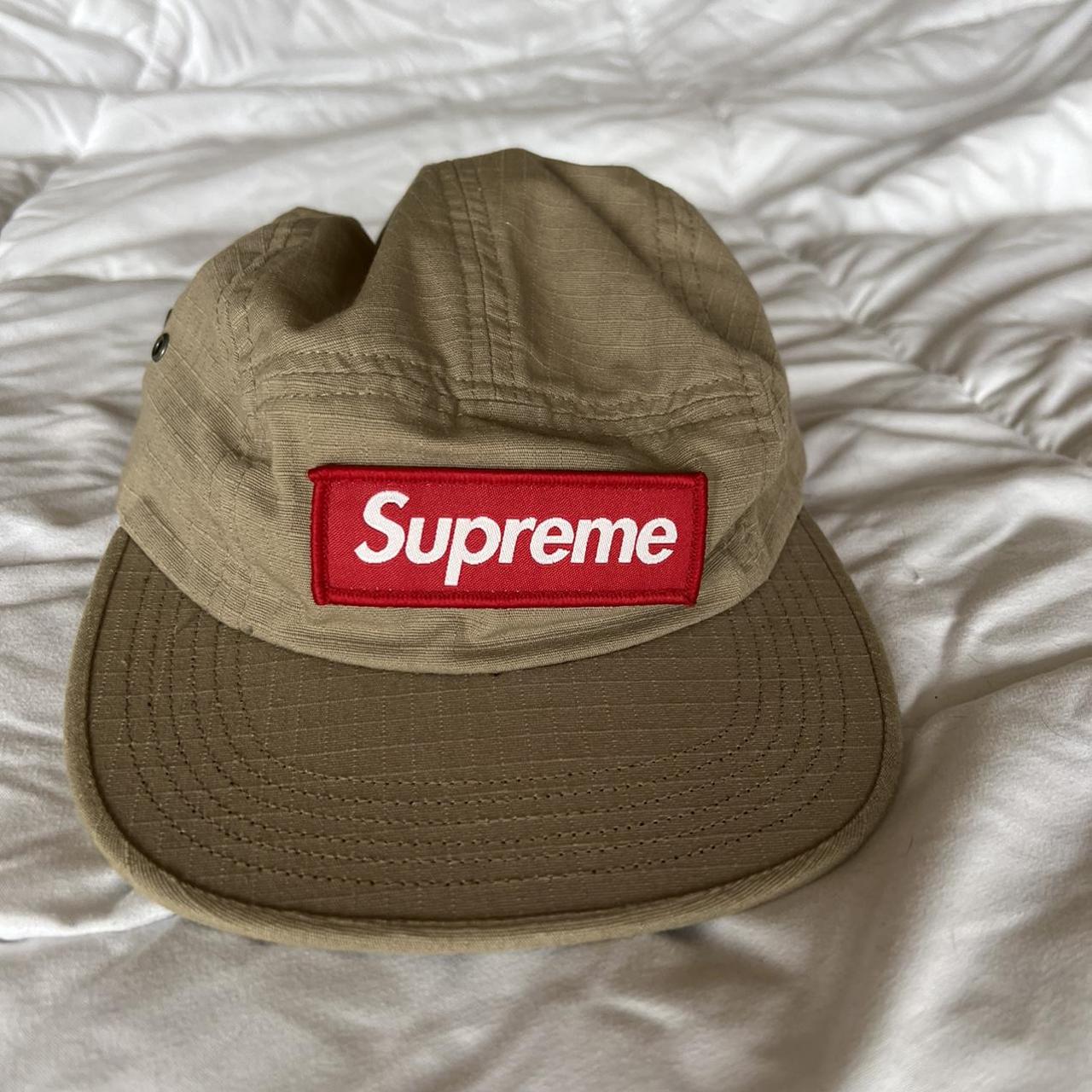 Supreme beige box logo hat gently used #supreme... - Depop