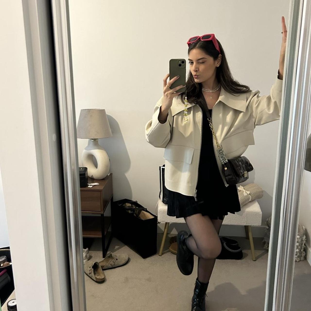 H&M oversized faux leather boxy jacket in cream,... Depop