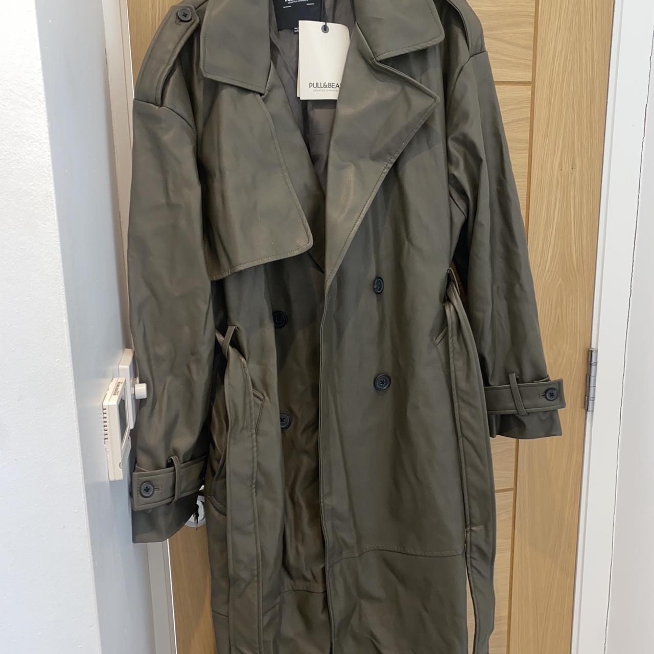 Pull&Bear belted faux leather trench coat in Depop