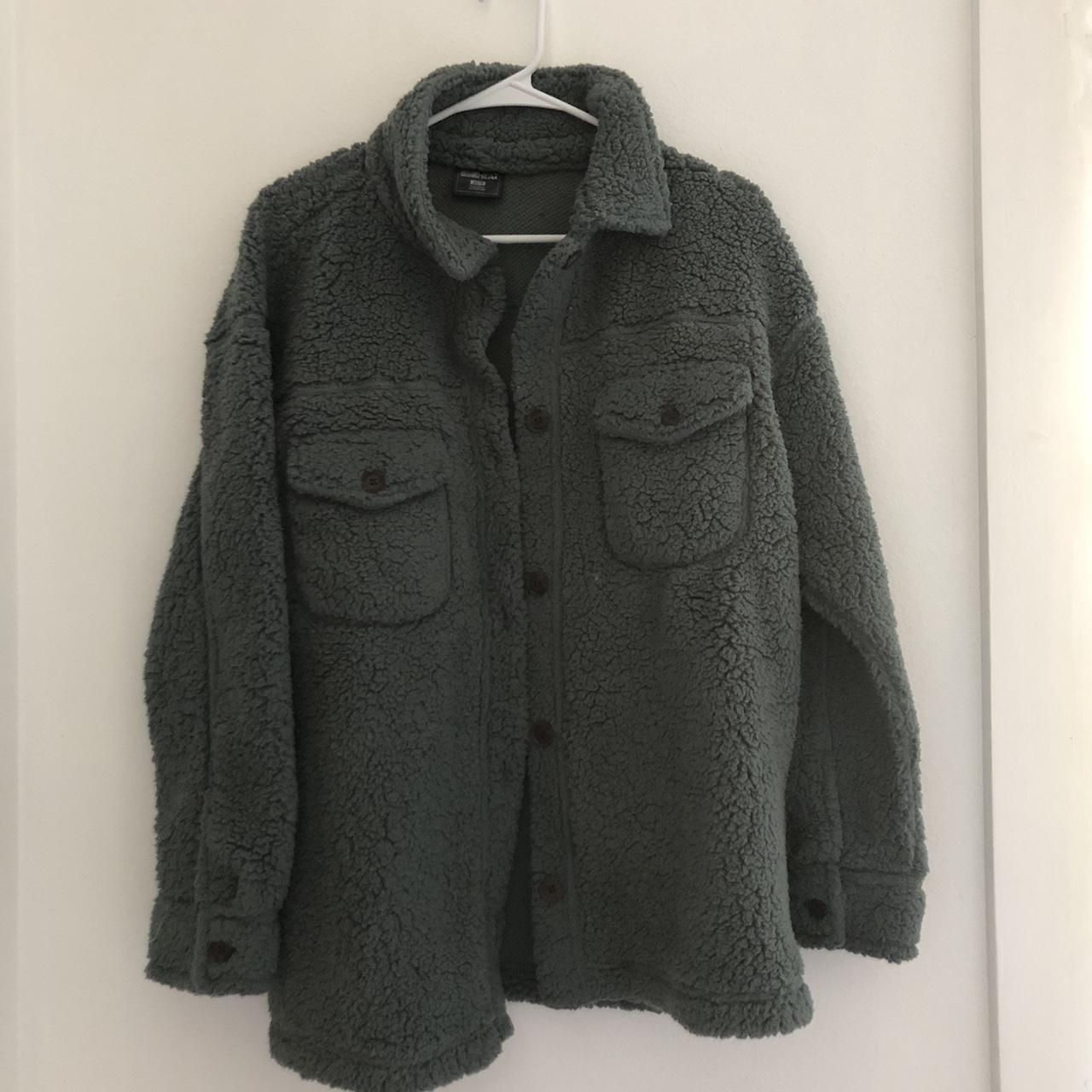 costco warm green fuzzy button up jacket