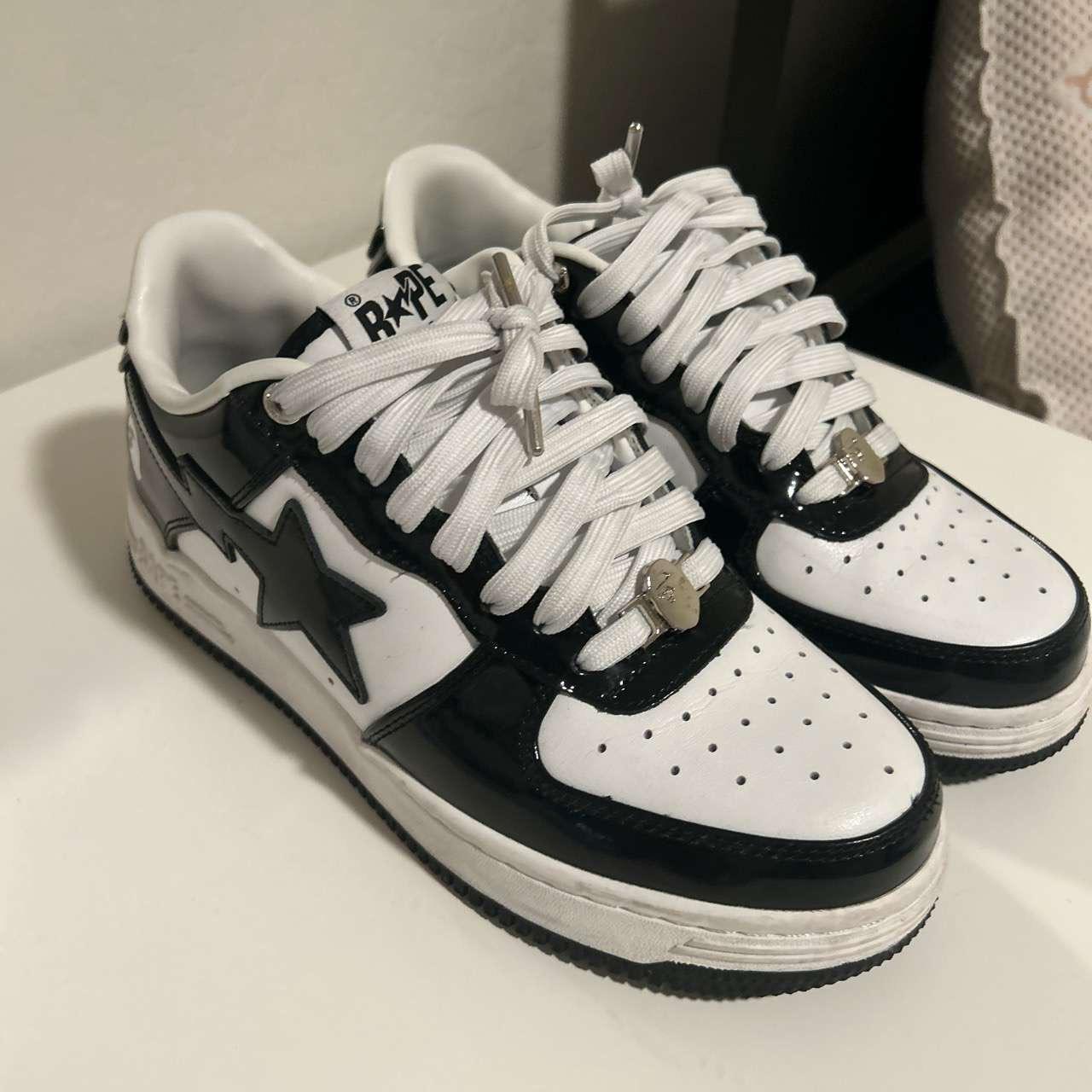 Bapestas Black and White Patent Leather Size 8 Used... - Depop