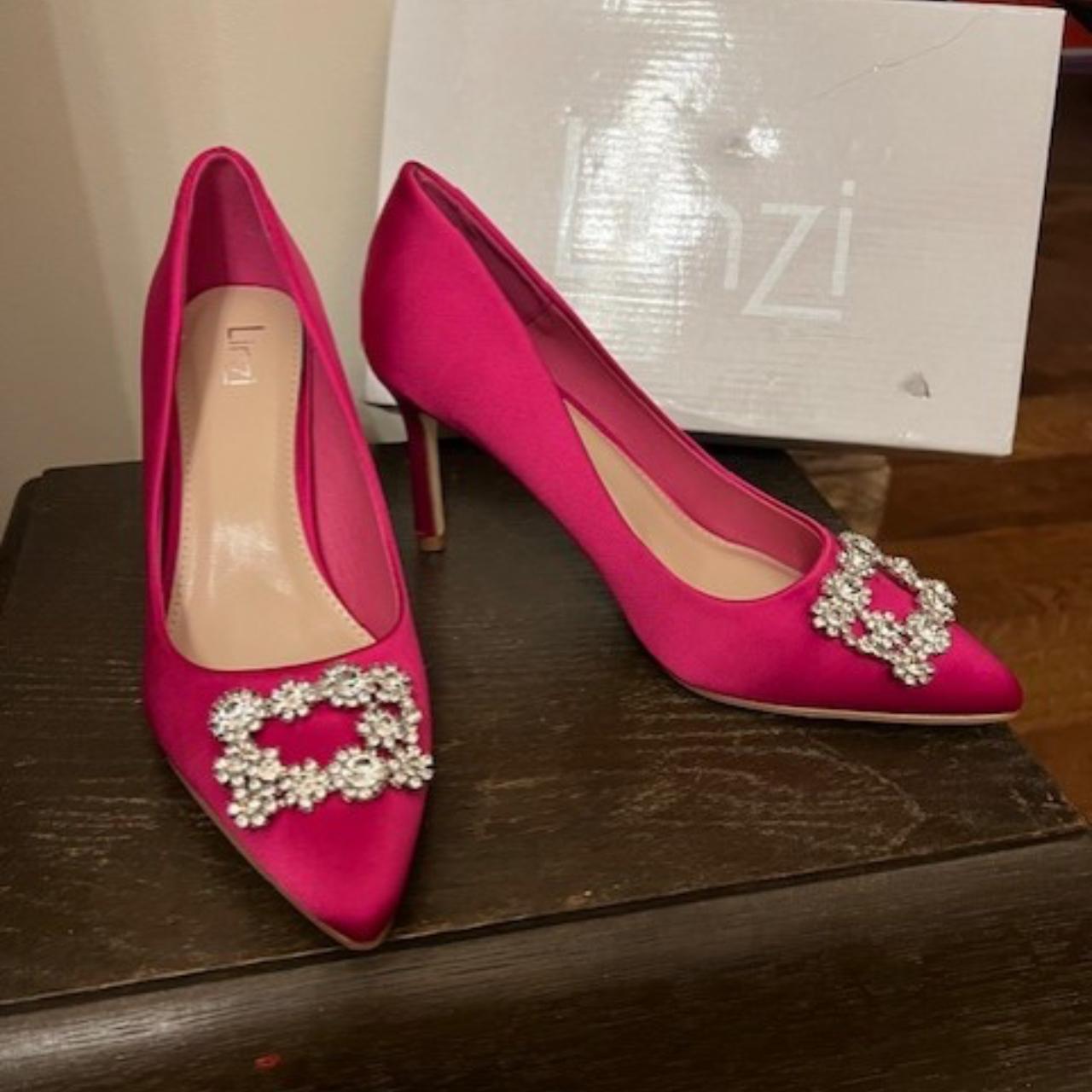 Linzi pink satin and Diamente high heeled shoes,... - Depop