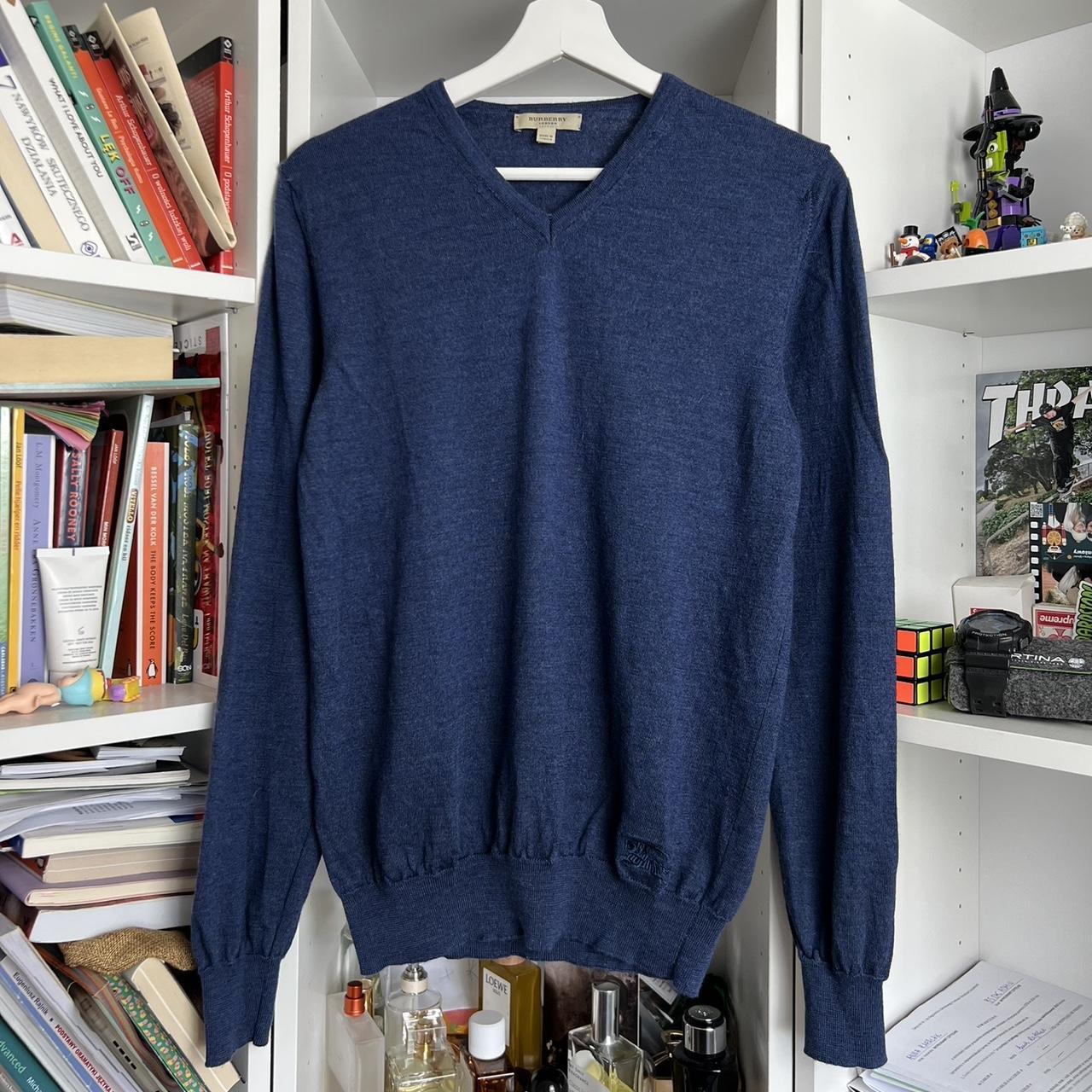 Burberry merino wool v neck blue sweater jumper