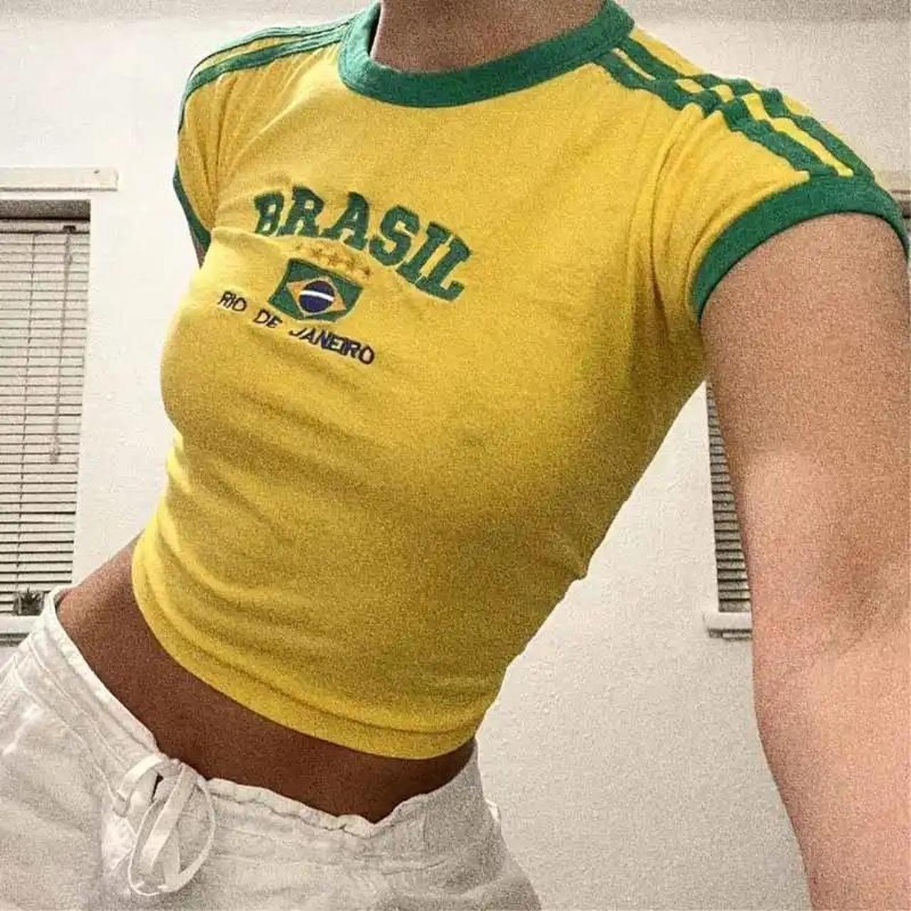 brazil baby tee perf for the summer very high... - Depop