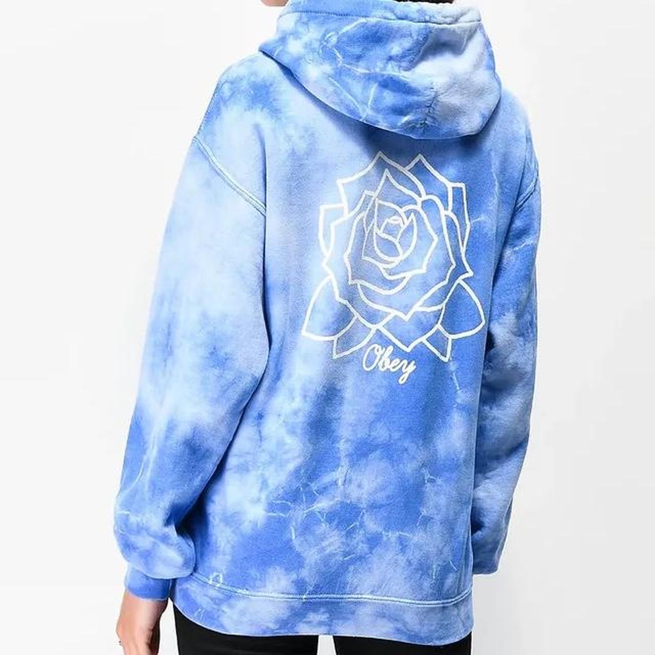 Blue and White Tie Dye Obey Hoodie Depop