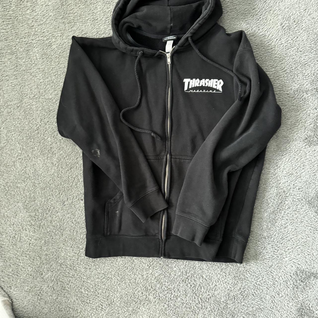 Small black Thrasher zip-up hoodie well worn - Depop