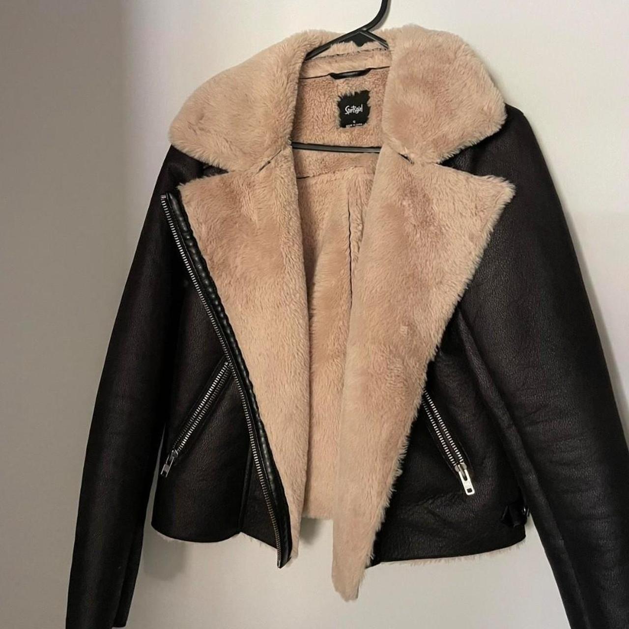 Sportsgirl jacket black & sheepskin lining sz 12... Depop