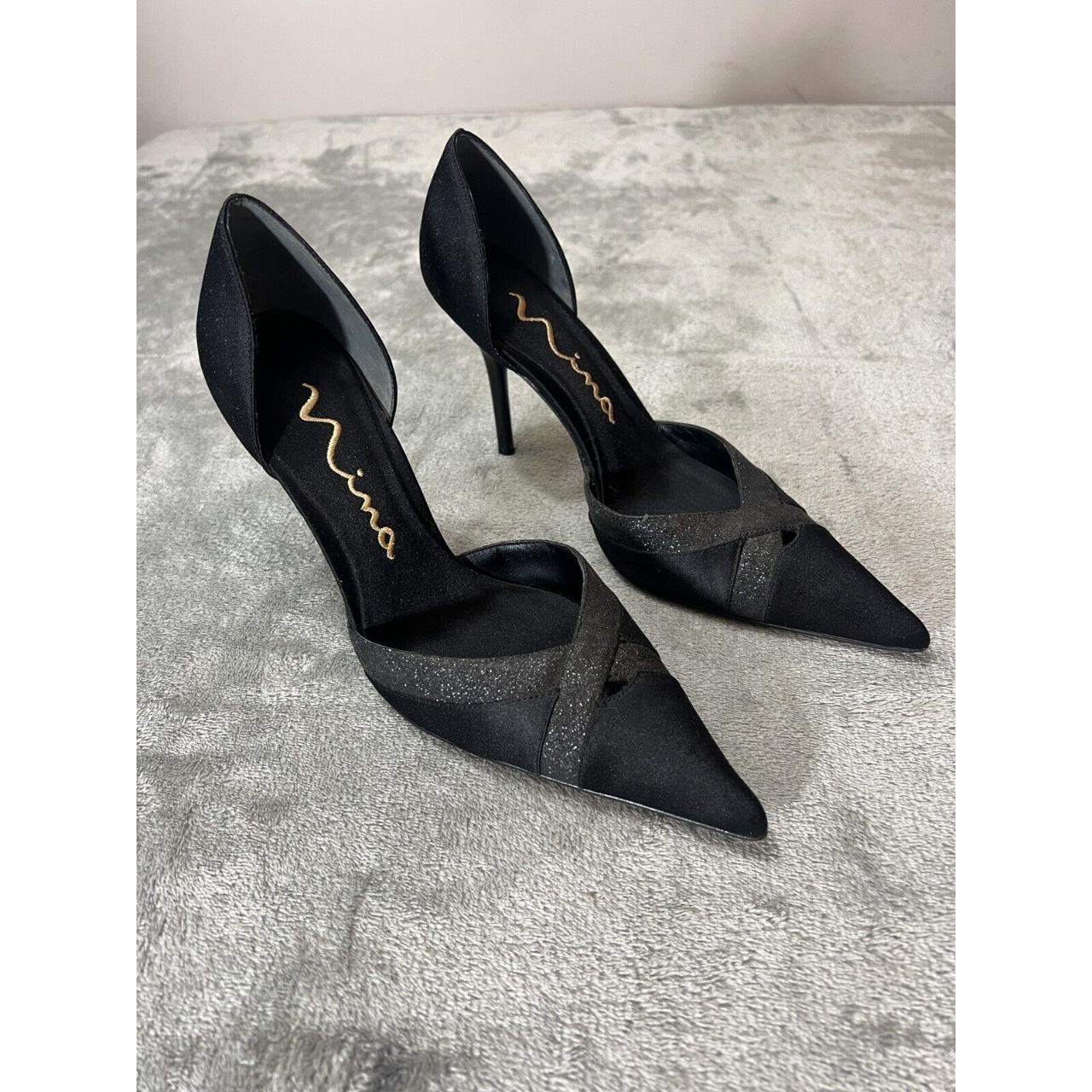 NINA Womens Black Glitter Satin Evening Pumps 3 Depop