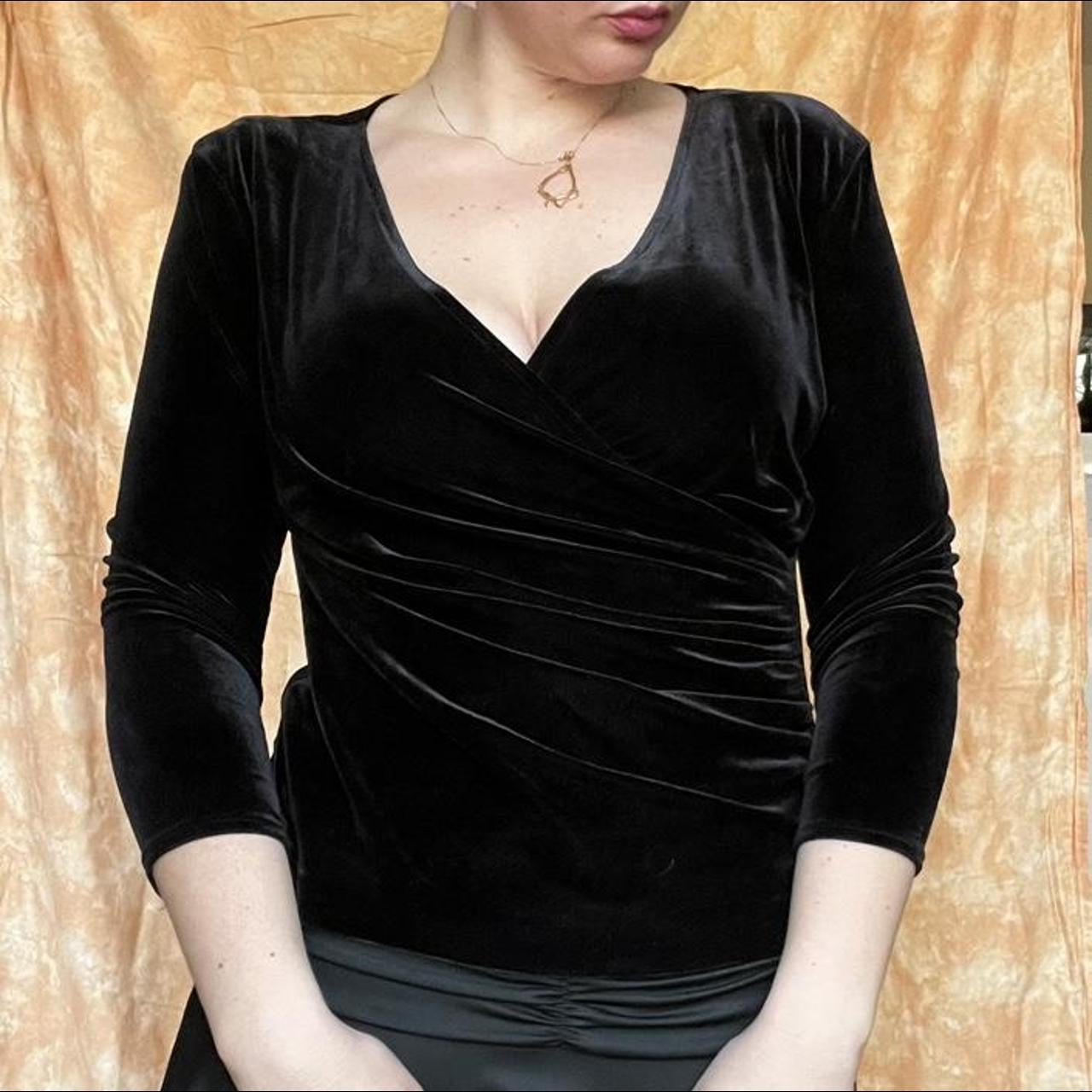 Deep black velvet evening top. Built in wrap around... - Depop