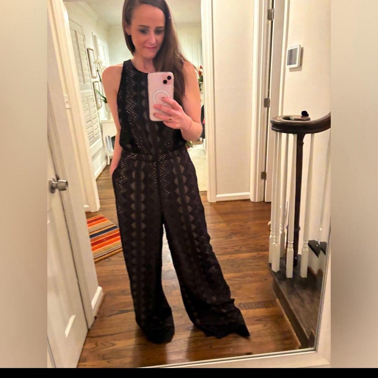 Rachel Zoe Black Patterned Jumpsuit with Tan Lining. Depop