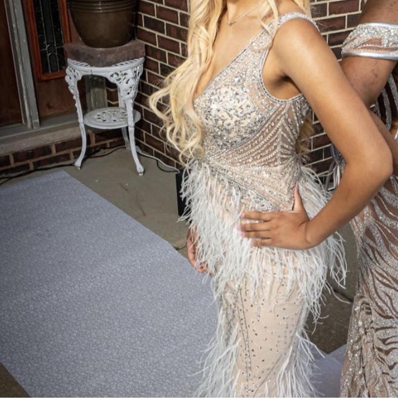Jovani 03023 Size 4 Off White Sheer Feather Prom | Depop