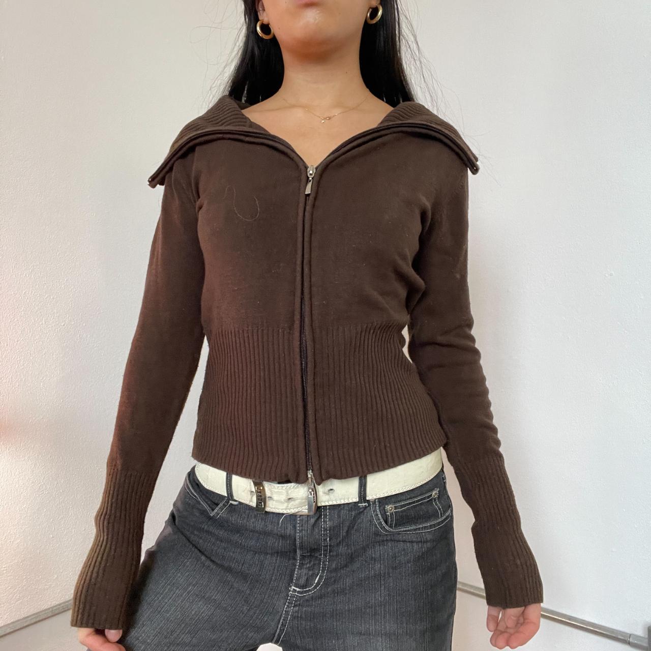 Vintage brown double zip up knit jumper, worn on... - Depop