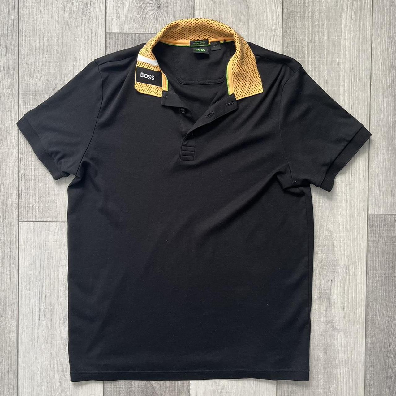 Menswear Mens Black And Gold Hugo Boss T Shirt PURE-COTTON POLO SHIRT WITH  LOGO COLLAR A Depop