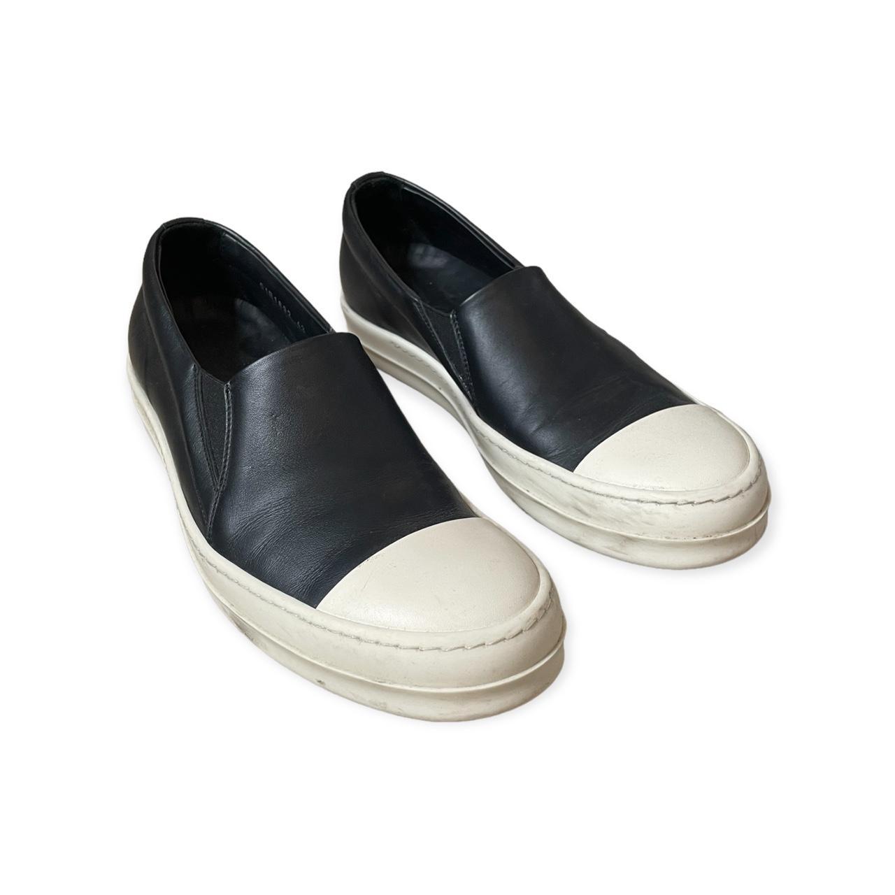 Rick Owens black leather slip-on boat shoes Used,... - Depop