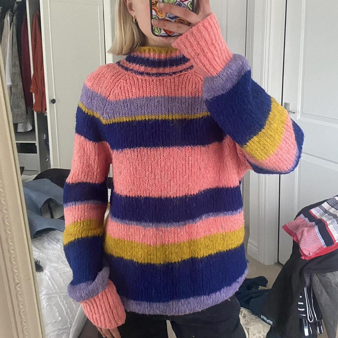 Pink colourful stripy high neck knit jumper So