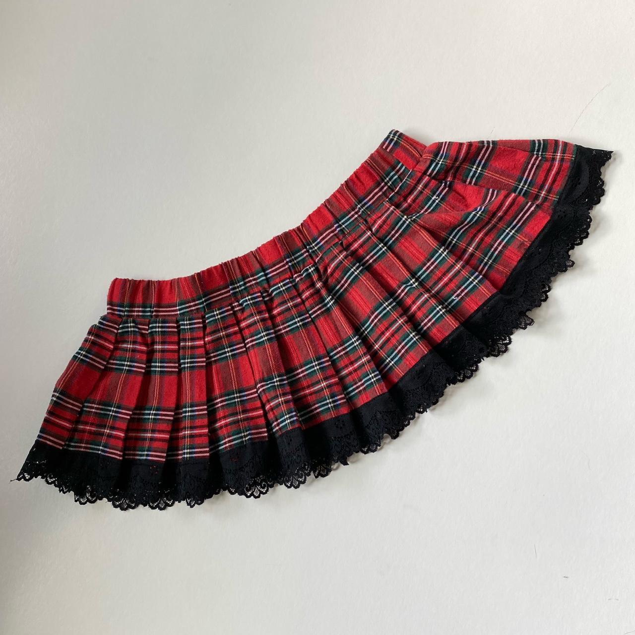 Micro mini red plaid skirt with black lace trim 🎀 9... - Depop