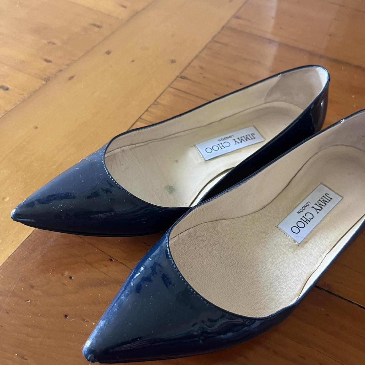 Jimmy Choo Alina navy patent pointed toe flats.