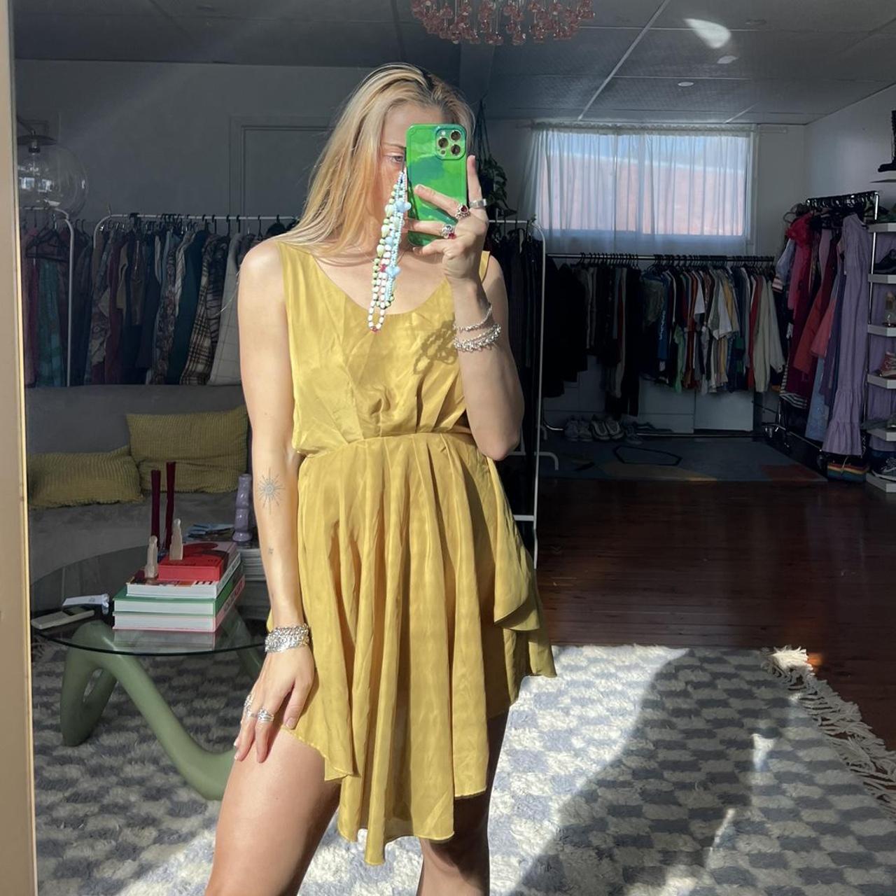 Mustard yellow satin mini dress with open back and... - Depop