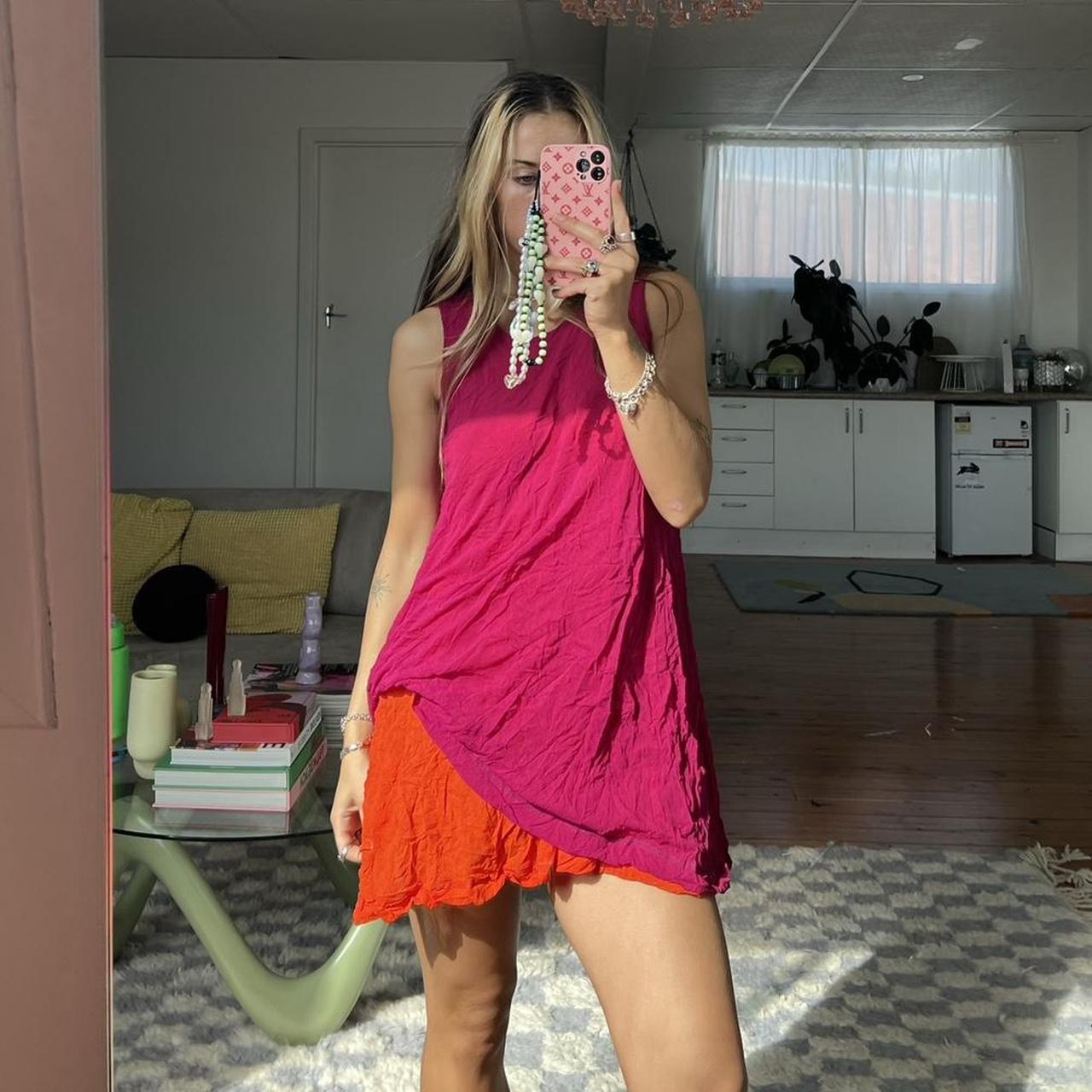 Orange and pink scrunched stretch mini dress Depop