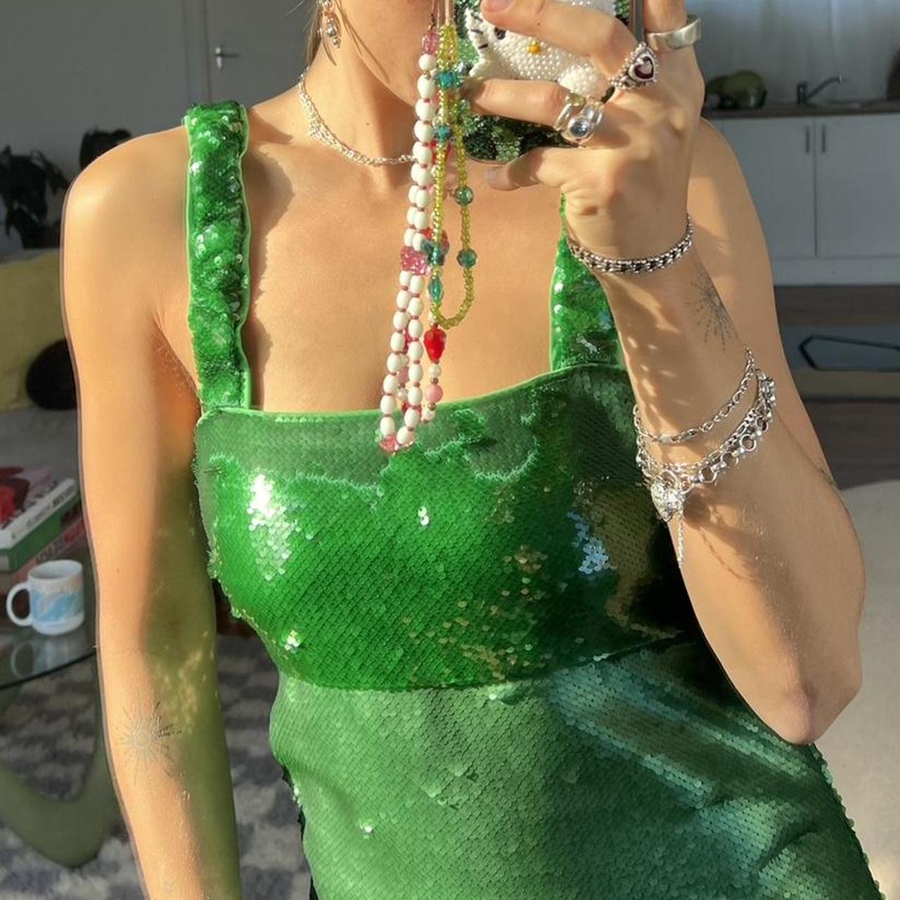 GANNI - green sequin mini dress Fixed shoulder... - Depop