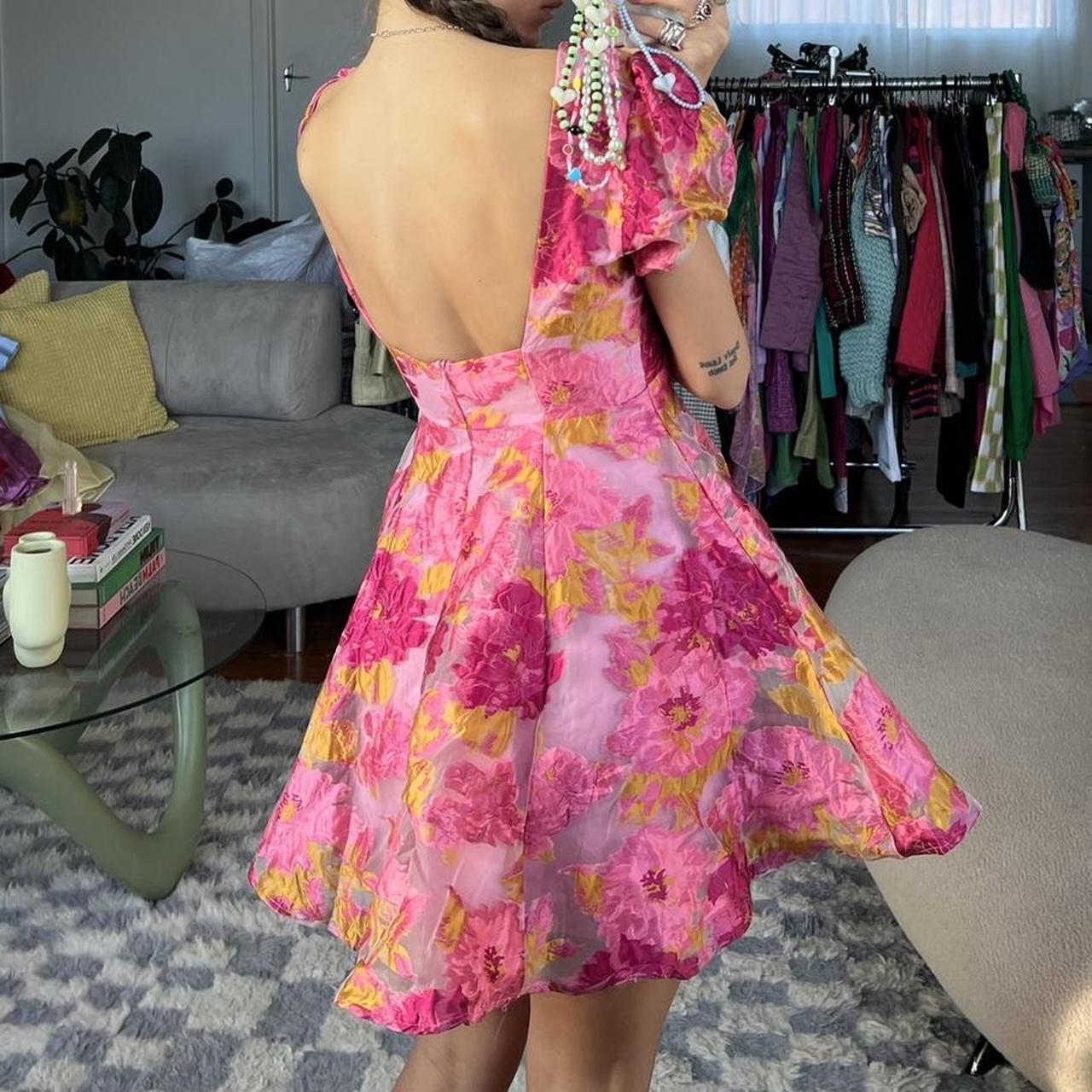 Romantic pink and orange mini dress with stiff Depop