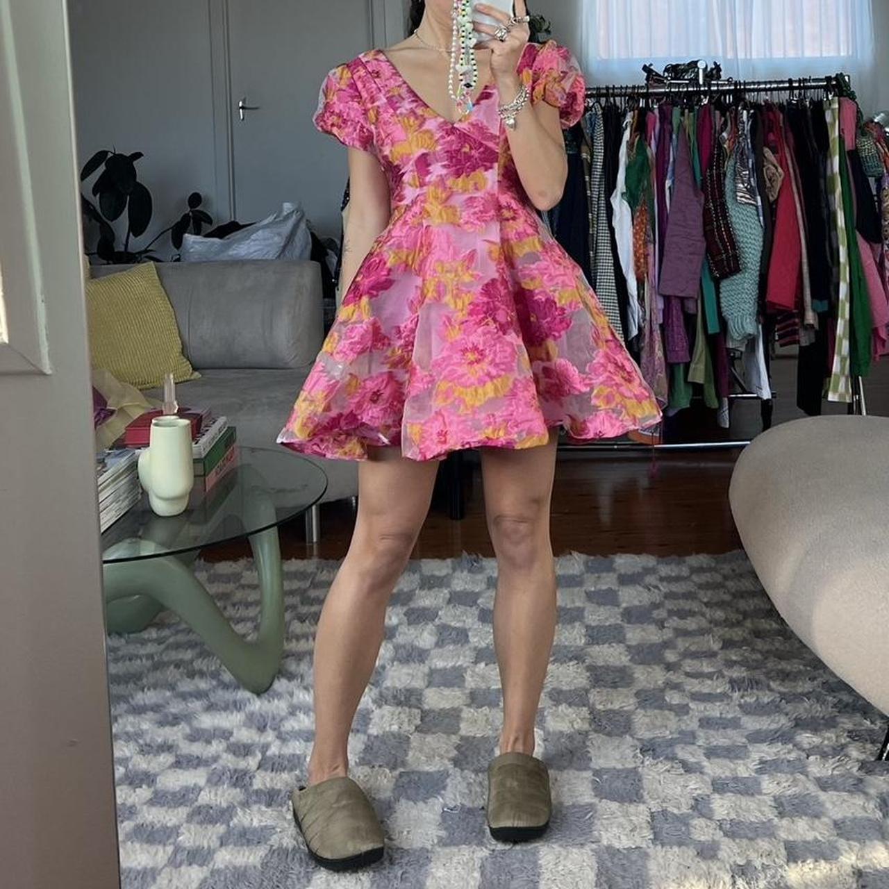 Romantic pink and orange mini dress with stiff Depop